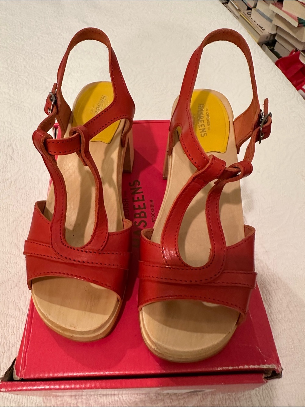 Swedish Hasbeens Red T-Strap Slingback Sandals
